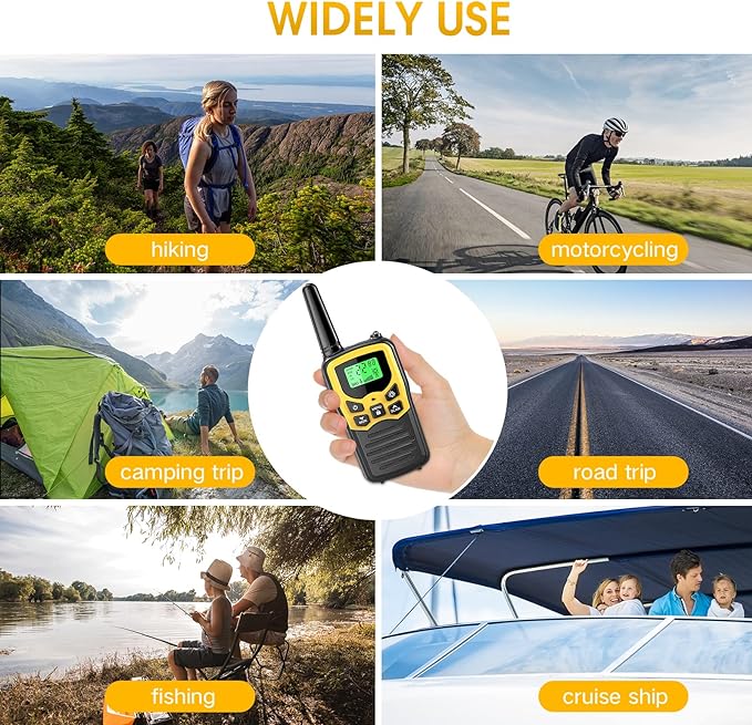 Walkie Talkies with 22 FRS Channels, MOICO Walkie Talkies for Adults with LED Flashlight VOX Scan LCD Display, Long Range Family Walkie Talkie for Hiking Camping Trip (Yellow, 4 Pack)