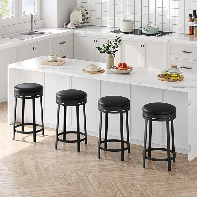 IDEALHOUSE 24'' Swivel Bar Stools Set of 2 with Footrest, Modern Counter Height Barstools with PU Leather Upholstered and Metal Frame, Backless Round Bar Stools for Kitchen Island, Black