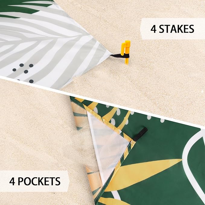 Beach Blanket Waterproof Sandproof Oversized, 110''×118'' Extra Large Beach Mat Sand Free, Lightweight Compact Folable Green Pinic Blanket w/ 4 Stakes & Pockets for Camping, Travel, Beach Accessories
