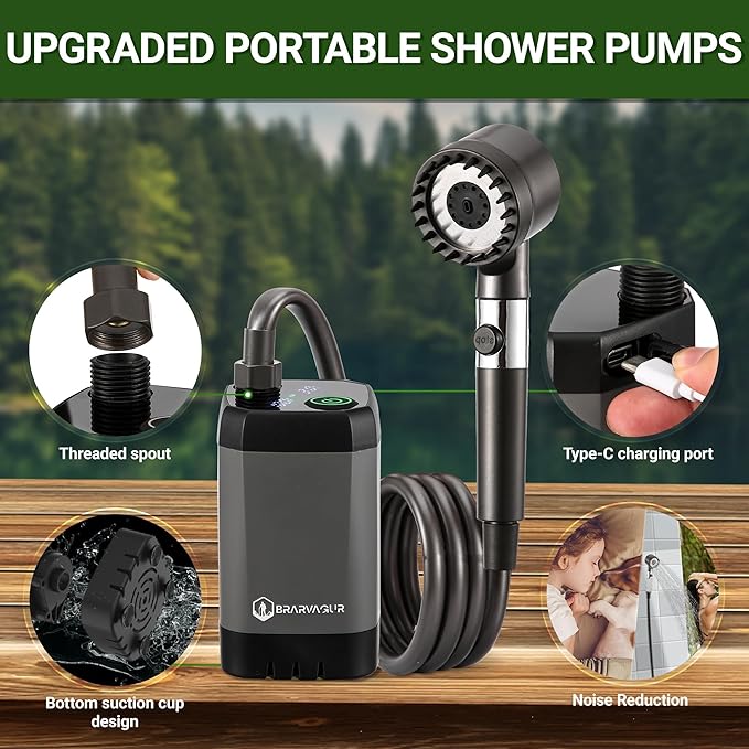 Upgrade Portable Camping Shower, 6000mAh Rechargeable Electric Shower Pump with Intelligent Digital Display Multiple Spray Modes Filtered Shower Head with Handheld for Outdoor Hiking, Travel
