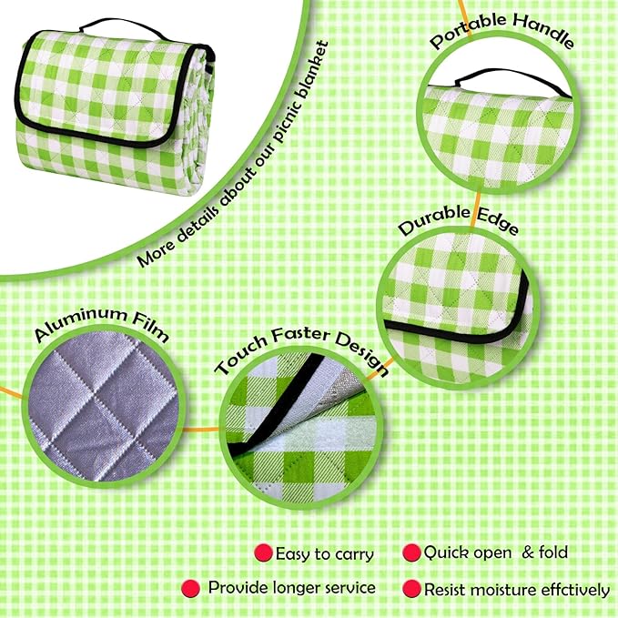 Picnic Outdoor Blankets, Extra Large 79x79in Beach Blanket, Thick 3-Layers Camping Waterproof Mat for Camp Hiking Park, Portable Foldable Rug for Family-Green, Sandproof & Machine Washable