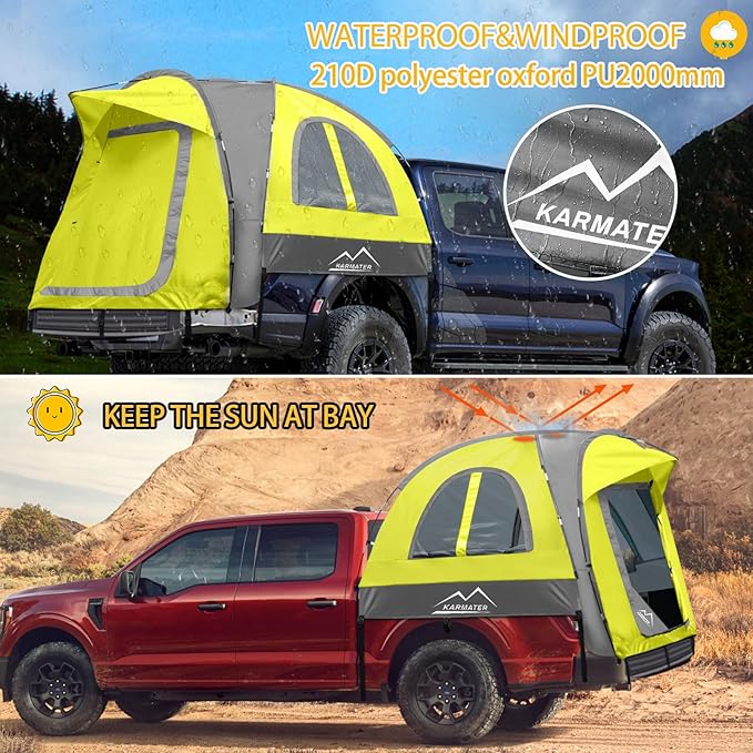 Pickup Truck Tent, Waterproof PU2000mm for Camping 5.5-6.5 Ft Bed, 2-Person Sleeping With Double Layer Design Windows, Expandable Triangle Sunshade Awning