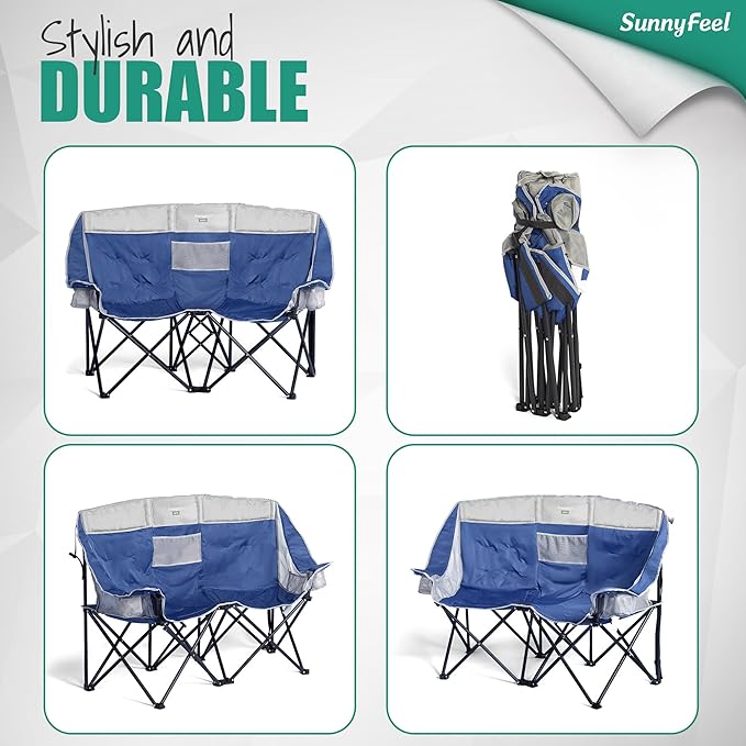 SUNNYFEEL Folding Double Camping Chair, Oversized Loveseat Chair, Heavy Duty Portable/Foldable Lawn Chair with Storage for Outside/Outdoor/Travel/Picnic, Fold Up Camp Chairs for Adults 2 People