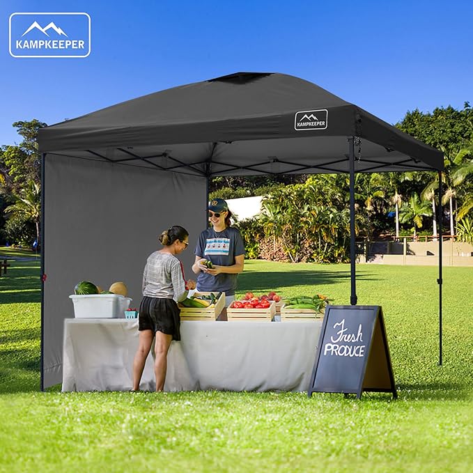 KAMPKEEPER 10x10 Pop Up Canopy Tent with 2 Sidewalls - Waterproof Outdoor Shelter for Sun Shade, Camping, Beach, Patio and Backyard Events, Black