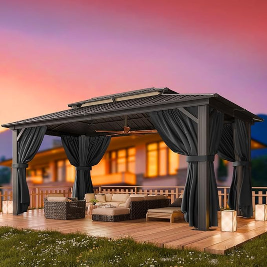 HOTEEL 10x15 Hardtop Gazebo on Clearance with Heavy Duty Galvanized Steel Double Metal roof,Aluminum Frame,Patio Gazebo with Curtains and Netting,Outdoor Permanent Gazebo Pavillon for Backyard,Black