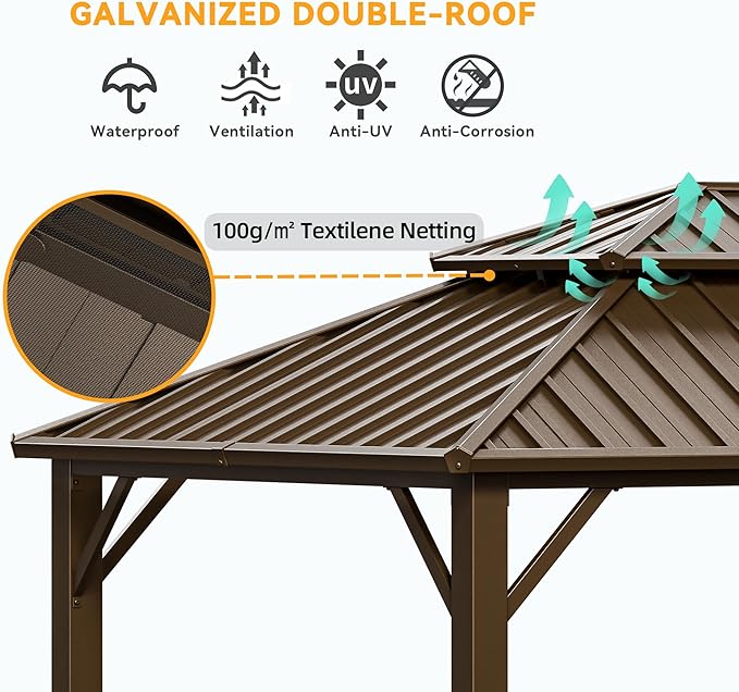 HOTEEL 12x20 Hardtop Gazebo with Metal Roof, Heavy Duty Galvanized Steel Gazebo, Reinforced Square Column, Flame-Resistant Curtains and Netting, Suitable for All-Weather,Brown(Pro)