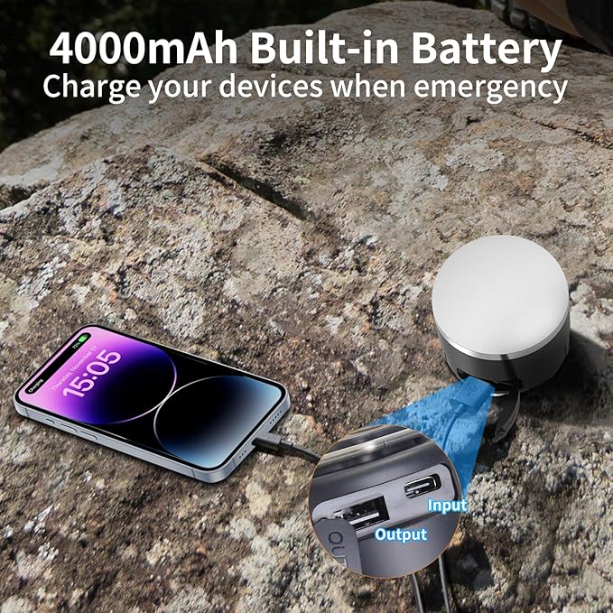 LED Camping Lantern Rechargeable - Portable Camping Light IP65 Ultra Waterproof Dustproof, Tent Light with 4 Lighting Modes Power Bank, Tent Lights for Camping Hiking Emergency Outage Black