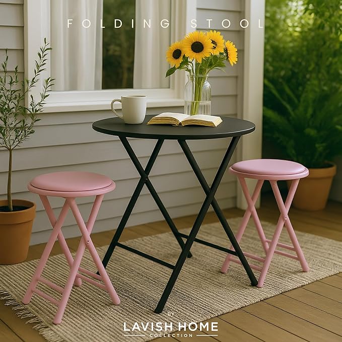 Lavish Home Set of 2 Counter Height Bar Stools – 24-Inch Backless Folding Chairs with 225lb Capacity for Kitchen, Rec Room, or Game Room (Pink)