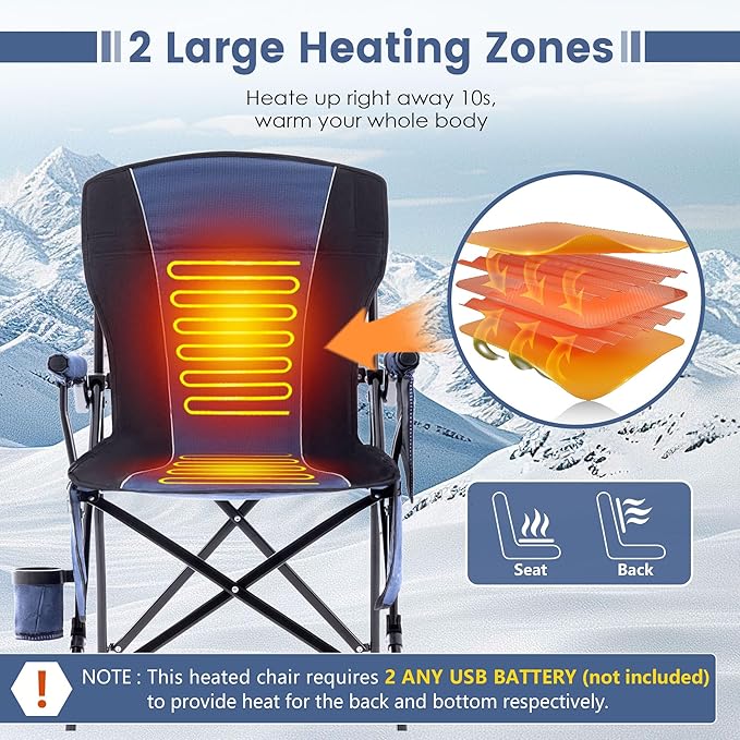 Lamberia Heated Camping Chairs for Adults, Camping Chairs, Portable Heated Chairs for Outdoor, Folding Chairs,Heavy Duty Lawn Chairs for Adults, with Cup Holder,Battery Not Included,Blue