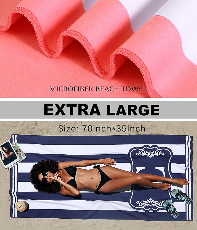 Oversized Microfiber Monogrammed Beach Towels Pool Swim Towel Personalized Custom Customized Monogram Sandrpoof Fast Drying Extra Large Thin Chair Umbrella Tent Shelter Canopy Custom Accessories
