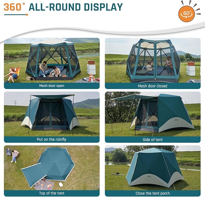 Instant Tents for Camping Pop Up Screen Tent with Floor, 6 Person Large Family Camping Tent with Rainfly and Porch, Easy 60S Setup Hub Tent for Outdoor Picnic Backyard, 11.5x10x6.83FT