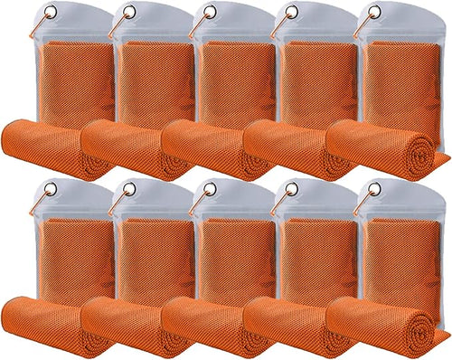 10 Pack Cooling Towels Bulk Microfiber Ice Towel Quick Dry Breathable Chilly Sweat Towel Stay Cool Towel for Neck Face Yoga Gym Workout Running Pilates Beach with Carabin Bag, 40x12'', Orange
