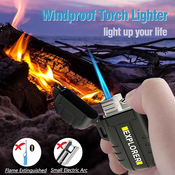 Torch Lighter, 2 Pack Butane Lighter, Windproof Outdoor Gas Lighter Adjustable Jet Flame Lighters, Fireplace Fireworks Grill Camping BBQ Lighter, Gifts for Men. (Black+Camo) (Without Butane)