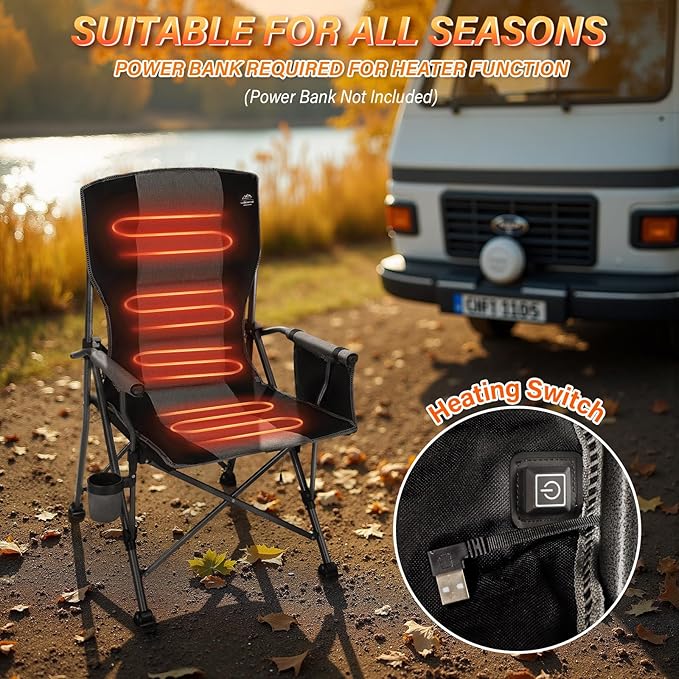 Heated Camping Chair w/Hard Armrest,3 Heat Levels Folding Outdoor Camp Chair w/Cup Holder,Heavy Duty Padded Portable Heating Lawn Chair Support 400 Lbs,Black,Battery NOT Included