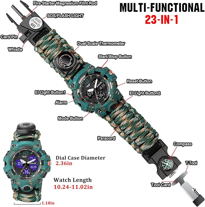 23-in-1 Survival Military Digital Watch, Mens Tactical Multi-Functional and Adjustable Wristband Outdoors Waterproof Sports Dual Dial Watches with Compass Paracord Band