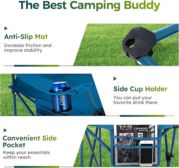 ALPHA CAMP Folding Camping Chairs for Adults Lawn Chairs Outdoor Chairs Support 250 LBS Portable Camp Chairs with Cup Holders Cooler Pouch for Outdoor, 2 Pack (Blue)