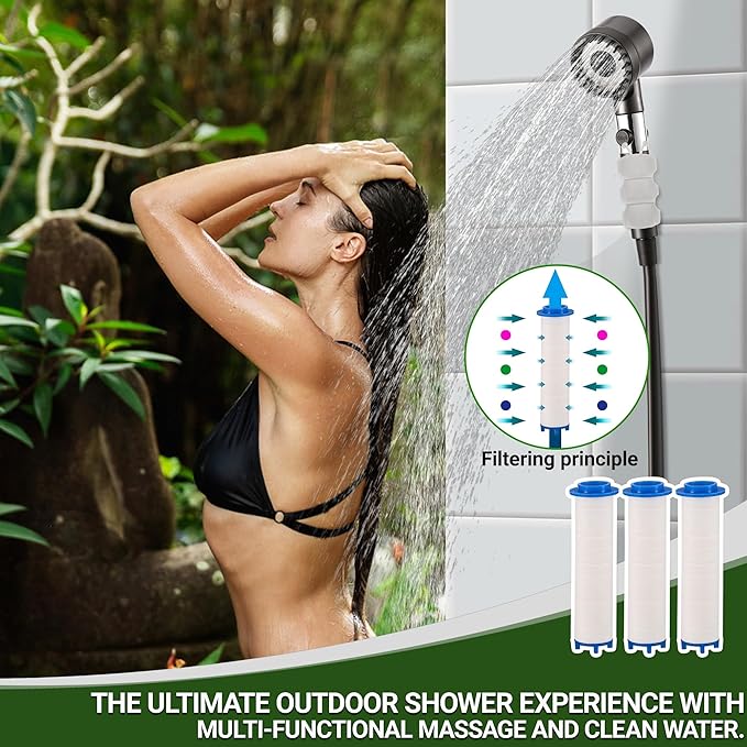 Upgrade Portable Camping Shower, 6000mAh Rechargeable Electric Shower Pump with Intelligent Digital Display Multiple Spray Modes Filtered Shower Head with Handheld for Outdoor Hiking, Travel