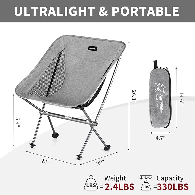 Naturehike YL05 Camping Chair, Ultralight Portable Camp Chair with Storage Bag, Compact Folding Beach Chair for Backpacking Hiking Fishing Picnic