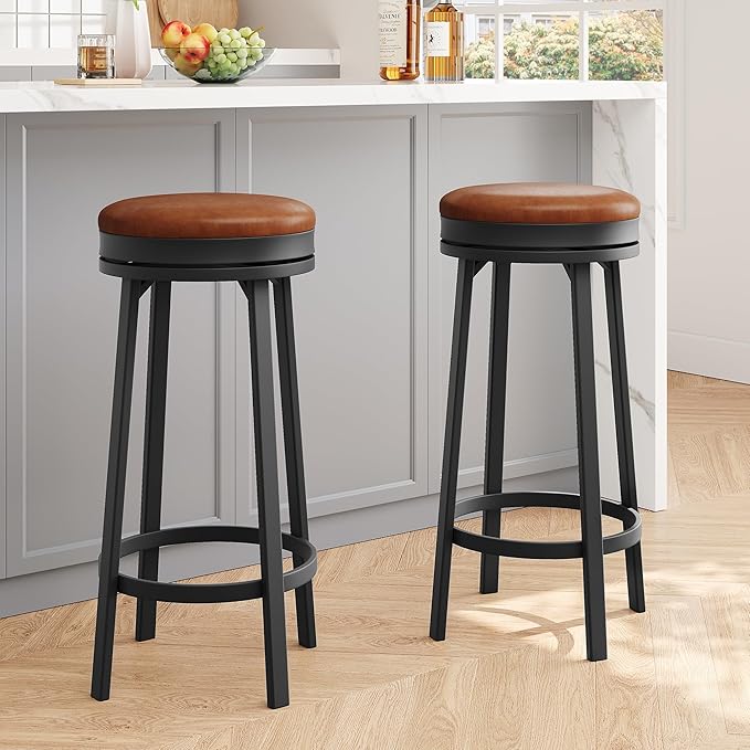 IDEALHOUSE 30'' Swivel Bar Stools Set of 2 with Footrest, Modern Counter Height Barstools with PU Leather Upholstered and Metal Frame, Backless Round Bar Stools for Kitchen Island, Brown