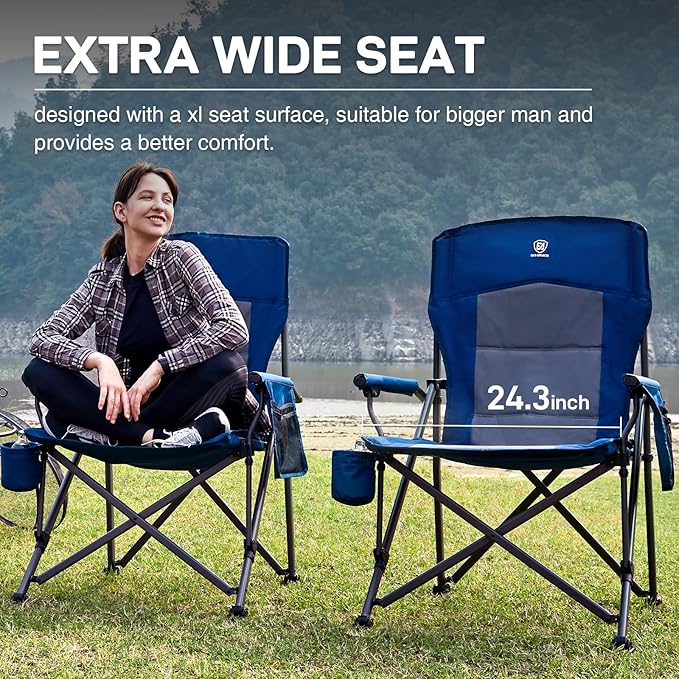 EVER ADVANCED Oversized Folding Camping Chair for Adults, Heavy Duty Lawn Chair with Side Pockets, Portable Collapsible Quad Chair for Outside, Support Up to 500lbs, Blue 2PACK