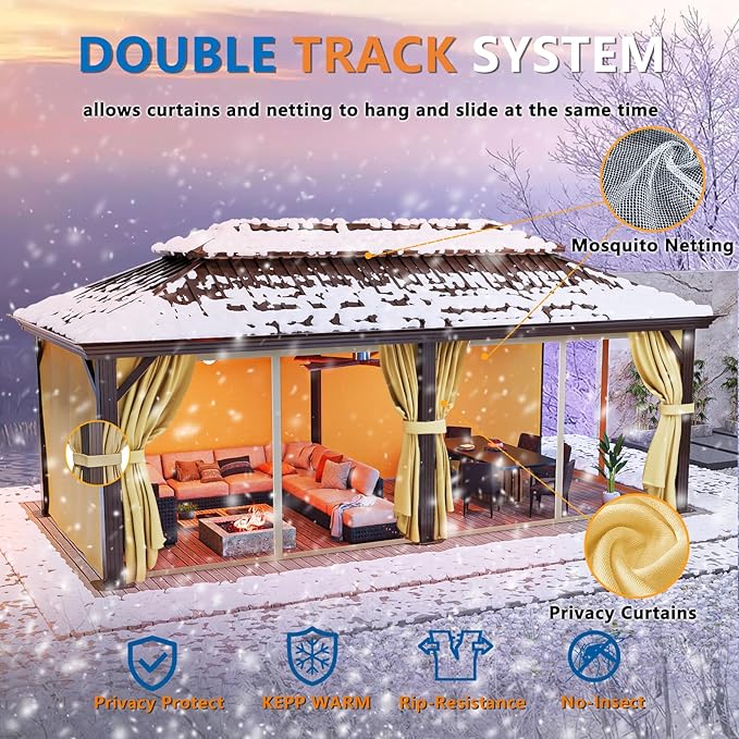 HOTEEL 12x20 Hardtop Gazebo with Metal Roof, Heavy Duty Galvanized Steel Gazebo, Reinforced Square Column, Flame-Resistant Curtains and Netting, Suitable for All-Weather,Brown(Pro)
