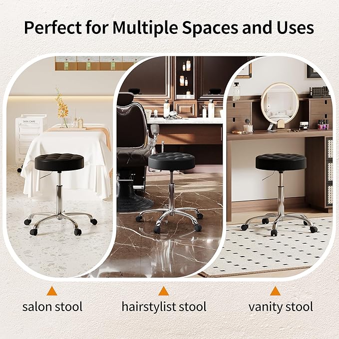 Rolling Stools with Wheels (300lbs Capacity) (Adjustable Height 20"-27") Black Leather Tattoo Vanity Massage Stool (Black)