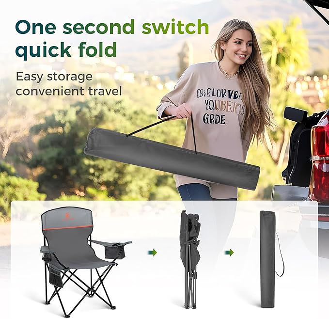 ALPHA CAMP Folding Camping Chairs for Adults Lawn Chairs Outdoor Chairs Support 250 LBS Portable Camp Chairs with Cup Holders Cooler Pouch for Outdoor, 2 Pack (Gray)