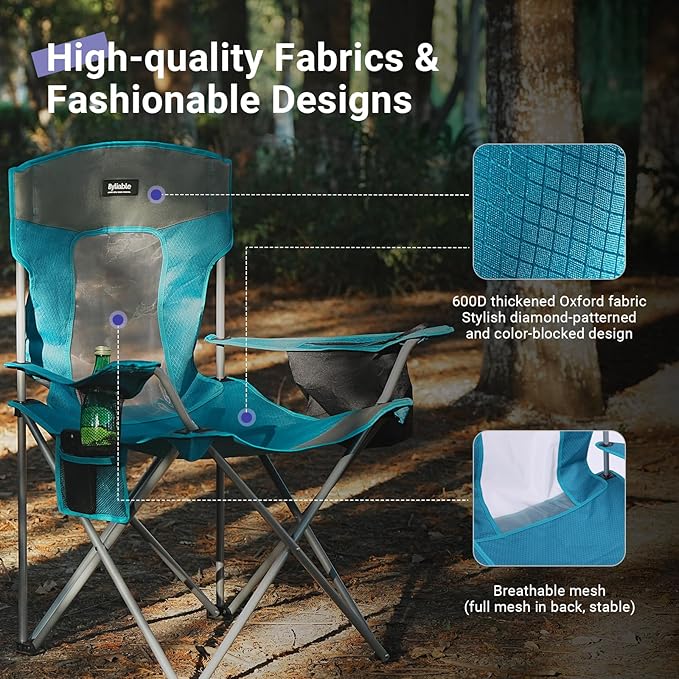 Camping Folding Chair Outdoor Lawn Portable Lightweight Camp Folding Chairs for Adult Outside with Cup Holder, Cooler Pouch & Side Pocket for Camping, Beach, Fishing, Sports or Tailgating Events
