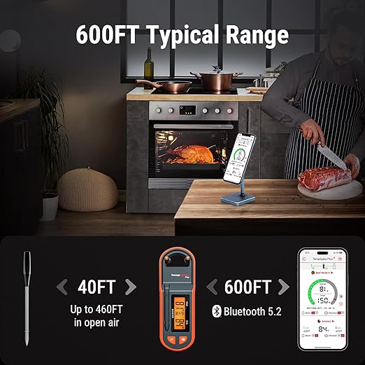 Thermopro TempSpike Plus 600FT Wireless Meat Thermometer with Upgraded Thinner Probe, Meat Thermometer Wireless with Standalone LCD Screen, Bluetooth Thermometer for BBQ Oven Grill Smoker Thermometer