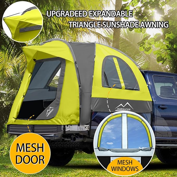 Pickup Truck Tent, Waterproof PU2000mm for Camping 5.5-6.5 Ft Bed, 2-Person Sleeping With Double Layer Design Windows, Expandable Triangle Sunshade Awning