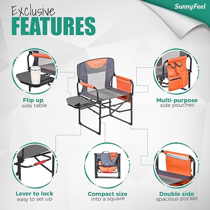 SUNNYFEEL Oversized Camping Directors Chair, Portable Folding Lawn Chairs for Adults Heavy Duty with Side Table,Pocket for Beach, Fishing,Picnic,Concert,Tailgating,Outdoor Foldable Camp Chair