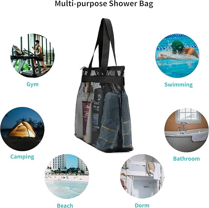 Portable Mesh Shower Caddy Tote Bag Hanging Toiletry Bag with Zipper for Travel, Bath, Gym, Beach, Camping, Swimming, Sunscreen, Dorm (Black)