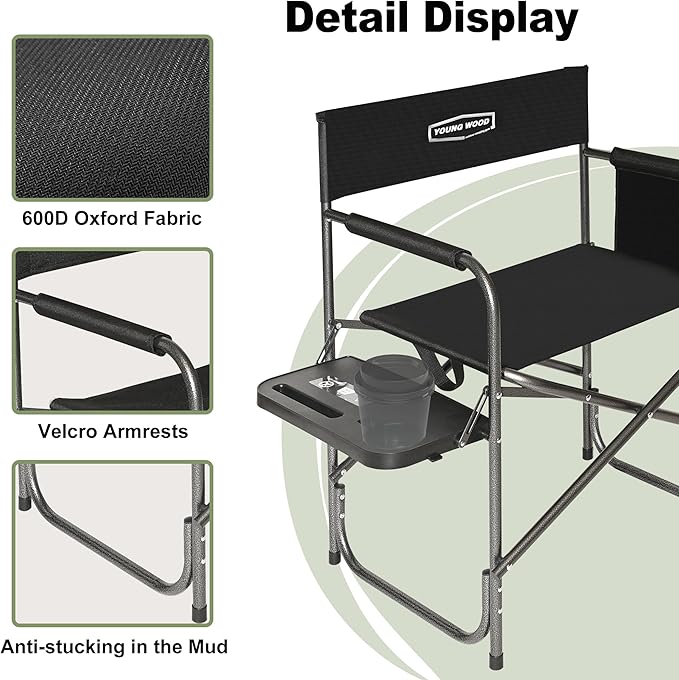 YOUNG WOOD Camping Directors Chair with Side Table, Foldable and Portable, Fishing,Trip,Picnic,Hike,Lawn,Sports,Beach,Outdoor Camping Chair for Adults,Drink Holder and Mobile Storage,2p