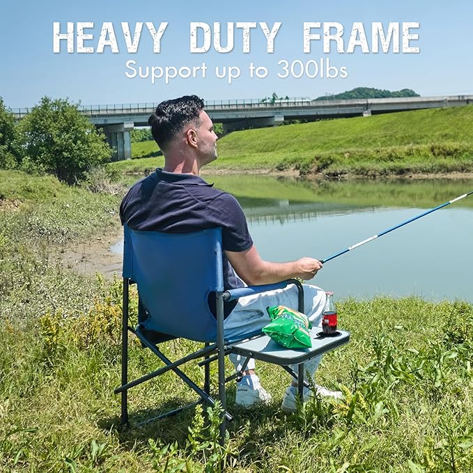 PORTAL Directors Chair Camping Chairs for Adults with Side Table Folding Lawn Chairs for Adults, Directors Chairs Foldable for Outdoor Chairs for Beach, Travel, Heavy Duty Supports 300LBS, Blue/Grey