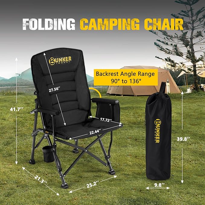 BUNKER INDUST Folding Camping Chair, Oversized with Padded Cushion, Outdoor Chair with Cup Holder Storage Pockets, Adjustable High Backrest Supports 450 LBS for Garden Beach Fishing Lawn