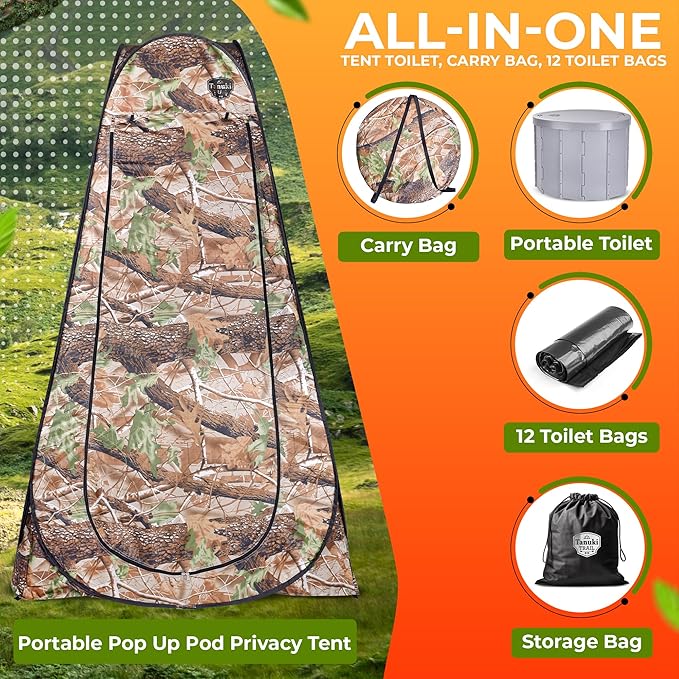 Portable Toilet for Camping with Lid + Pop-Up Privacy Tent, Adults + Kids, Folding Waterproof Porta Potty for Travel, Car, Hiking, Boat, Beach, Tent, Outdoor Trips + 12 Waste Bags