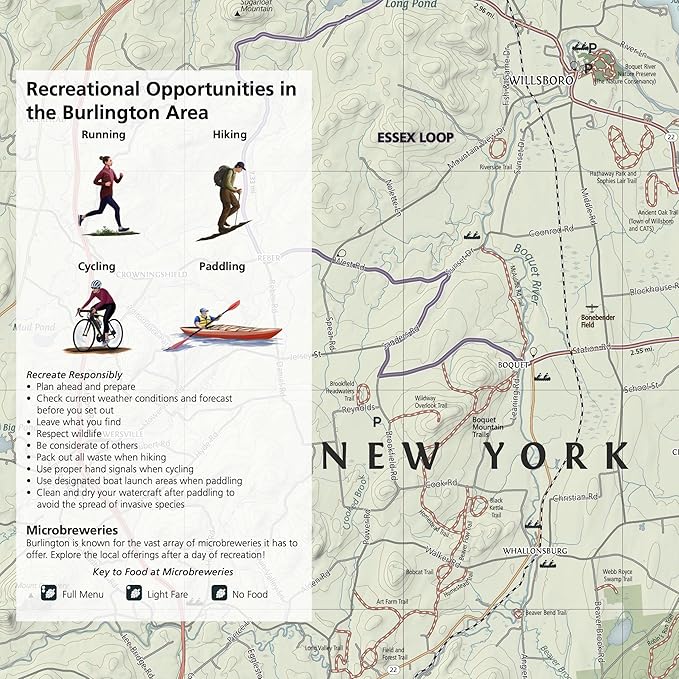 Burlington Vermont Outdoor Adventure Map | Burlington Hiking Map | Hiking trails of Shelburne, VT and Essex, NY | Durable, Waterproof & Tear Resistant
