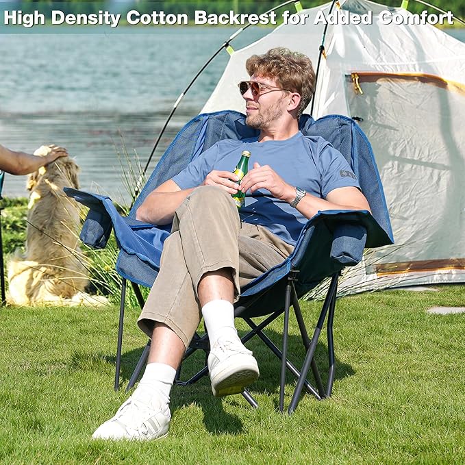 Oversized Camping Chair, Portable Folding Padded Camp Chairs with Side Pocket, Cup Holder, Heavy Duty Support 500LBS Outdoor Lounge Chair for Adults, Fishing, Sports, Trip, Navy Blue