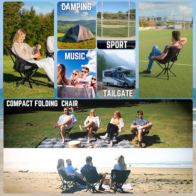 ADJ-S2 Portable Camping Chair - Adjustable Height Folding Chair, Compact Collapsible Chair Setup in 8s, Outdoor Chair for Camping, Beach, Sports/Music Events, Supports 330LBS - Black 2025 Edition