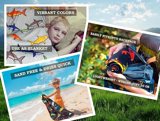Microfiber Beach Towel for Kids - Thin and Large (30"x60") - Shark - Absorbent, quick dry, sand free, lightweight, blanket - toddler, girls, boys - For Sports, Pool, Picnic, Camping, Travel, Swim
