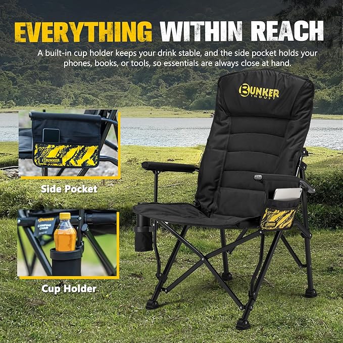 BUNKER INDUST Folding Camping Chair, Oversized with Padded Cushion, Outdoor Chair with Cup Holder Storage Pockets, Adjustable High Backrest Supports 450 LBS for Garden Beach Fishing Lawn