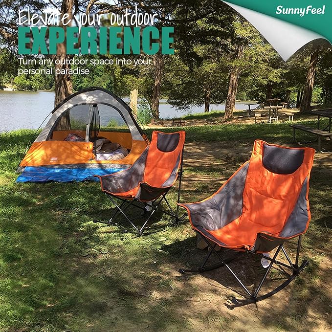 SUNNYFEEL Oversized Heated Camping Chair 2 Pack, Folding Rocking Camping Chairs with Luxury Padded Recliner,Carry Bag, 300 LBS Heavy Duty for Lawn/Outdoor/Picnic/Patio, Portable Rocker Camp Chair