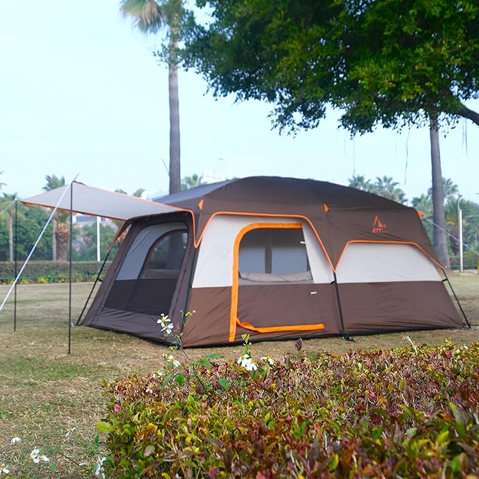 KTT Extra Large Tent 6-10-12-14 Person(B),Family Cabin Tents,2 Rooms,3 Doors and 3 Windows with Mesh,Straight Wall,Waterproof,Double Layer,Big Tent for Outdoor,Picnic,Camping,Family Gathering