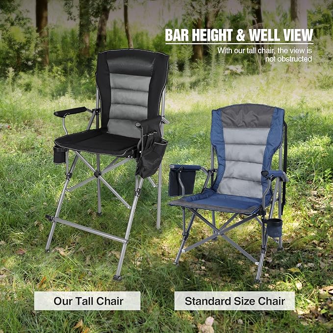 Extra Tall Folding Chairs for Adults 330lbs, Portable Bar Height Foldable Director Chairs for Camping Outside, Comfortable with Makeup Pocket, High Back and Footrest, Black