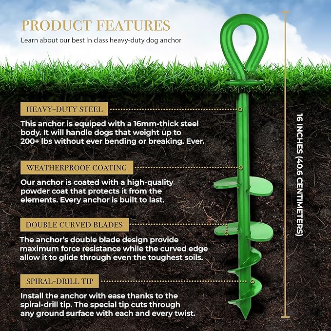 Dog Tie Out Stake - Heavy Duty Dog Stake for Large Dogs up to 210 lbs, Dog Stakes for Outside to use with Any Dog Tie Out Cable or Dog Leads for Yard (G1-Grass Green)