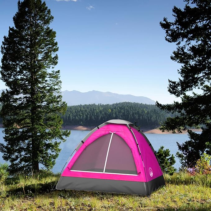2 Person Camping Tent with Rain Fly and Carrying Bag - Lightweight Outdoor Tent for Backpacking, Hiking, or Beach Use by Wakeman Outdoors (Pink)