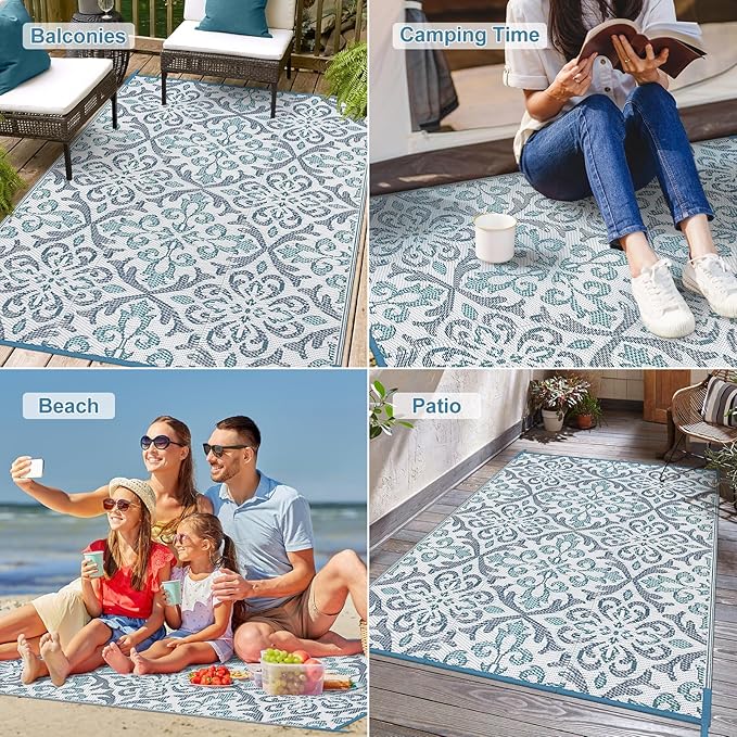 Lahome Patio Rug 6x9 Deck Rugs Outdoor Waterproof for Outside, Plastic Straw Rug Reversible Rv Mat,Large Portable Porch Floor Camping Carpet for Balcony Tent, Blue & White 6x9