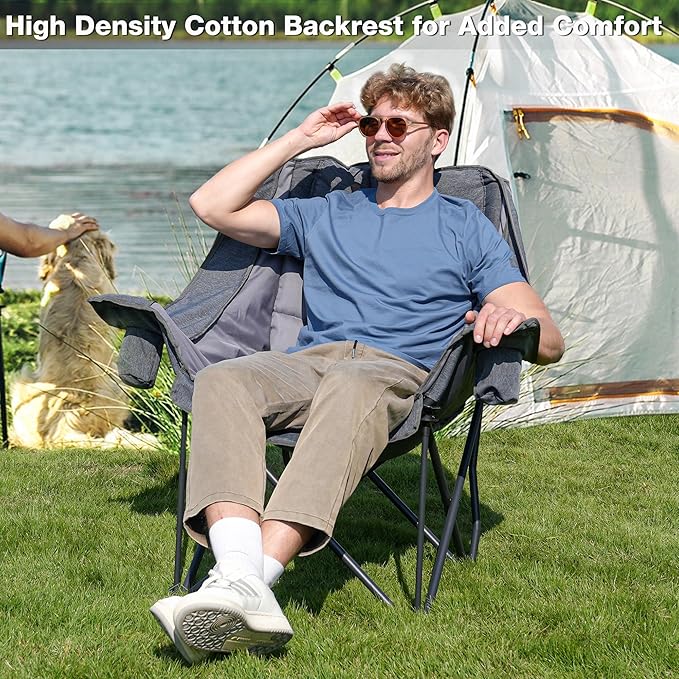 Oversized Camping Chair, Portable Folding Padded Camp Chairs with Side Pocket, Cup Holder, Heavy Duty Support 500LBS Outdoor Lounge Chair for Adults, Fishing, Sports, Trip, Grey