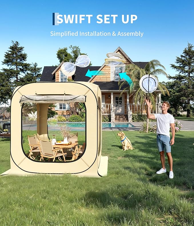 6x6 Ft Outdoor All Weather Pop Up Tent, 2-3 Person Instant Tent Shelter, Rainproof Camping Sun Shelter Coldproof & Windproof for Patio, Backyard, Deck, Sports Events, Beige