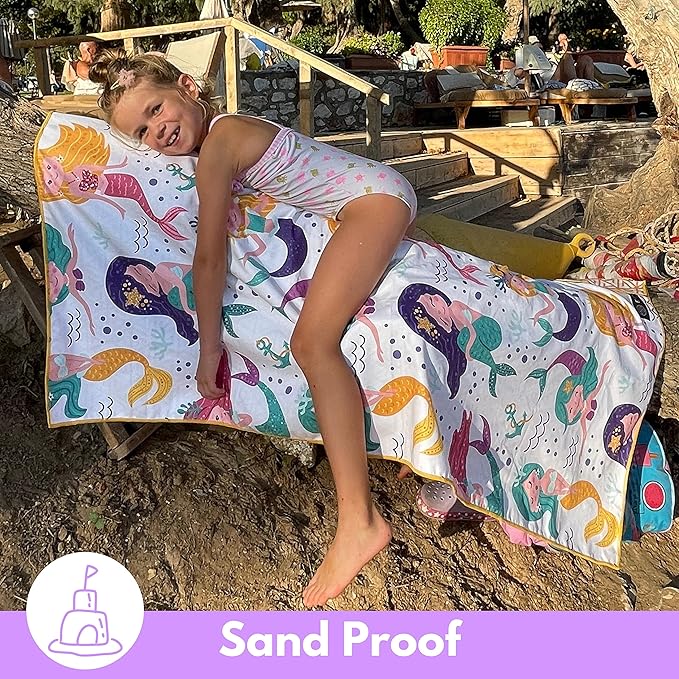 ECCOSOPHY Microfiber Kids Beach Towels & Pouch 60"x30" for Girls & Boys - Quick Dry Pool Towels - Sand Free Beach Blanket for Travel - Camping - Vacation - Toallas Playas